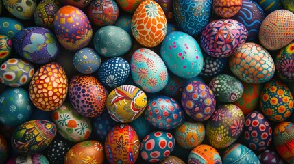 A stack of vibrant Easter eggs made with natural food dyes and displayed in a colorful pattern. The...