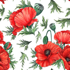 Seamless watercolor pattern with red poppies and green leaves on a white background.