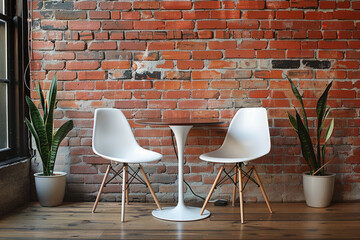 Room interior with modern white chairs and table near red brick wall 