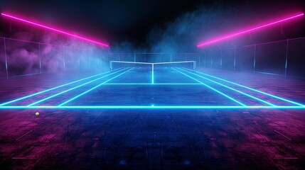 3D render of glowing neon tennis court on black background - obrazy, fototapety, plakaty