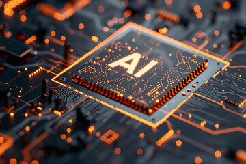 Artificial Intelligence AI chip processor in center of micro electronic computer circuit