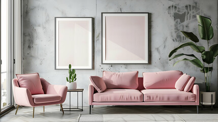 Two mock-up frames of art posters are placed next to a pink sofa and chair. Interior design of a modern living room in the postmodern Memphis style