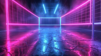 3D render of glowing neon volleyball court on black background