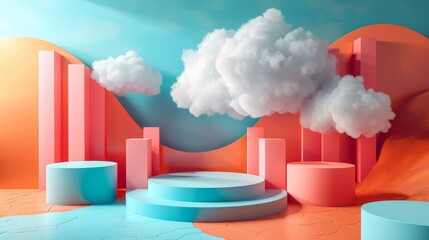 A 3D illustration of cloud-like shapes merging with geometric figures