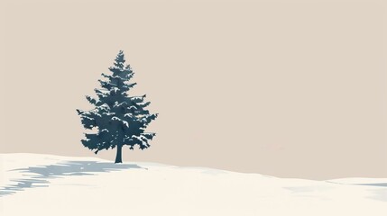 Solitary Snowy Pine Tree, Serene Winter Scene for Calm Imagery