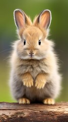 Naklejka na ściany i meble Cute small mammal fluffy baby rabbit sitting looking at camera