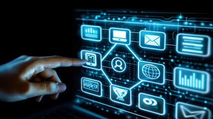 Title: "Digital Touchpoint"

Art Description: Hand interacts with digital icons on a dark background, showcasing AI integration in business software.