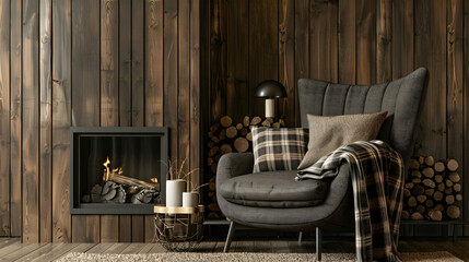 Warm grey armchair with plaid and pillows next to the fireplace, facing a wall with wood panelling. Modern living room interior design in a Scandinavian home.