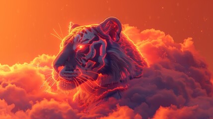 A 3D render of a colorful cloud with glowing neon in the shape of a fierce tiger - obrazy, fototapety, plakaty