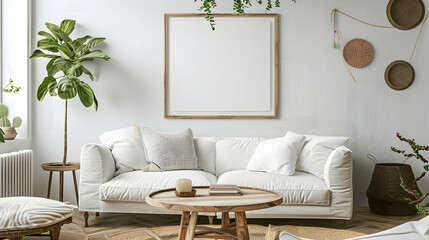 White sofa next to a round wooden coffee table against a poster-framed wall. The trendy living room in a Scandinavian-style home.
