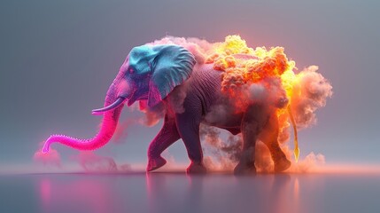 A 3D render of a colorful cloud with glowing neon in the shape of a wise elephant - obrazy, fototapety, plakaty