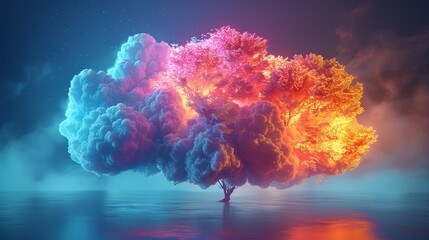 A 3D render of a colorful cloud with glowing neon, symbolizing the harmony of elements - obrazy, fototapety, plakaty