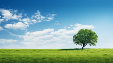 Fototapeta na wymiar Green field tree and blue sky great as a background web banner