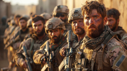 Team of special forces operatives prepares for a high-risk mission on the outskirts of a war-torn city. Professional military, contractors perform a mission in a hot spot