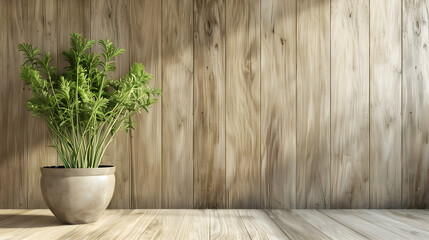 Wood panelling, a beige stucco wall with copy space, and a pot with grass make up the inside background of the room.