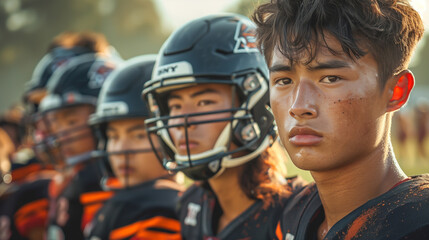 Gathering of young Asian American football athletes congregated on a field