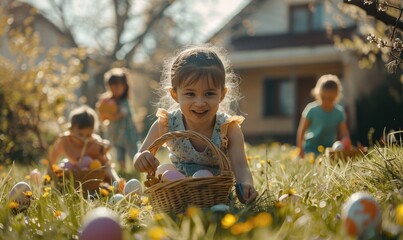 Young girl with a basket collecting Easter eggs in a springtime garden