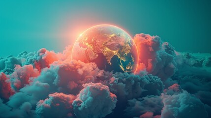 A 3D render of colorful cloud with glowing neon globes - obrazy, fototapety, plakaty