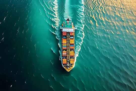 A massive container ship navigates the vast expanse of the open ocean, with nothing but water in sight. The ships hull cuts through the waves as it moves steadily towards its destination