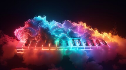 A 3D render of colorful cloud with glowing neon keys