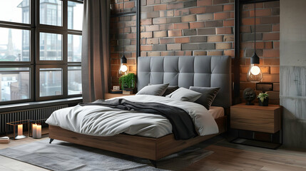 Wooden drawer night bulbs standing with grey fabric bed . A modern bedroom with a wall of brown brick.