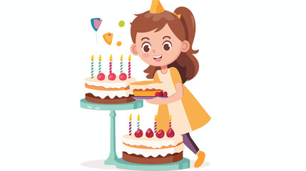 Girl decorating a birthday cake Flat vector isolated
