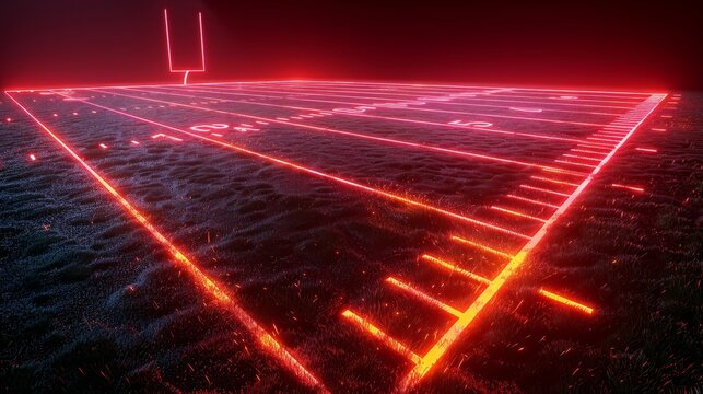 A 3D render of glowing neon football field of bright red and cool cyan
