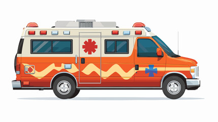 Happy ambulance car on white background Flat