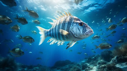 Majestic underwater nature fish swim in blue sea danger lurks 