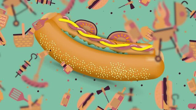 Background pattern of a huge hot dog with sausage and fast food icons