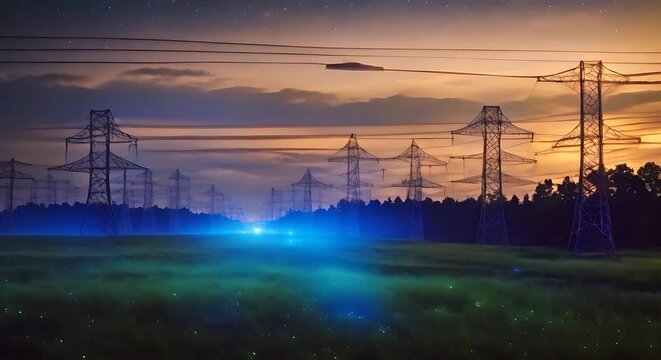 A field with power lines running through the background, showcasing the industrial structures against the natural landscape.