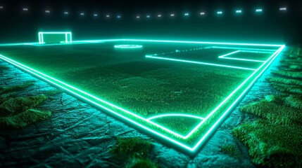 Obraz premium A 3D render of glowing neon soccer field of luminous green and deep blue