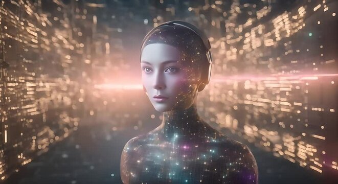 A woman equipped in a high-tech space suit navigates a futuristic landscape, utilizing advanced tools and technology to survey and investigate her surroundings