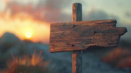Wooden signpost on the beach at sunset. Vintage style.