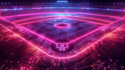 A dynamic 3D render of glowing neon baseball field - obrazy, fototapety, plakaty