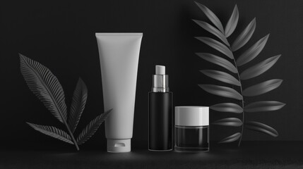 Lineup of black cosmetic beauty products, 3D Rendering, Ai Generative.