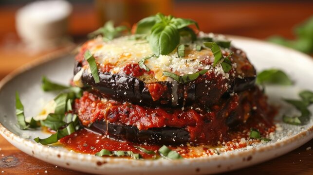 Delicious eggplant slices with tomato sauce on plate, closeup