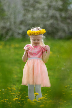 Beautiful towheaded girl with dandelion wreath on the meadow. Sunny summer day. Vertical frame