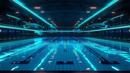A spectacular 3D render of glowing neon swimming pool on a black background