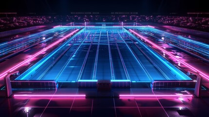A spectacular 3D render of glowing neon swimming pool on a black background - obrazy, fototapety, plakaty