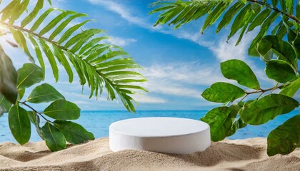 Shoreline Sophistication: White Circular Podium on Sandy Beach with Green Tropical Foliage and Tree Branch Against Blue Sky