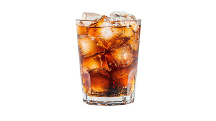 Root beer with ice on glass, isolated on white background