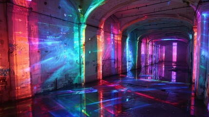 A colorful, neon-lit tunnel with a wet floor. The tunnel is illuminated with a variety of colors, creating a vibrant and energetic atmosphere. The wet floor adds a sense of movement