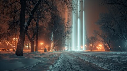 A snowy park with a fountain in the middle. The fountain is lit up in blue and white lights - obrazy, fototapety, plakaty