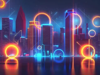 Foto op Plexiglas Glowing Neon Cityscape of Futuristic Geometric Skyscrapers and Illuminated Urban Landscape © yelosole