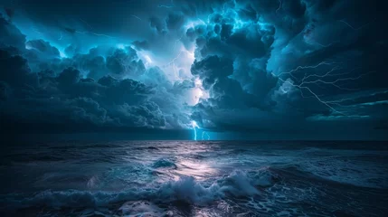 Fotobehang A stormy ocean with a bright lightning bolt in the sky. Scene is intense and dramatic © Sodapeaw