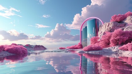 The metallic portal in the middle of the clear river that connected to the ocean that has surrounded with the bright blue cloudy sky and the pink desert with the pink tree and pink mountain. AIGX03. - obrazy, fototapety, plakaty