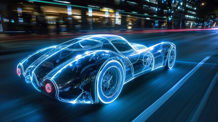 A car is shown in a neon light with a futuristic design. The car is on a road with a city skyline in the background. Scene is futuristic and exciting