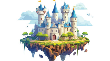 Flying island fairy tale castle. Cartoon fantasy 