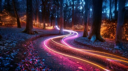 A road with a glowing line that is pink and orange. The road is surrounded by trees and leaves